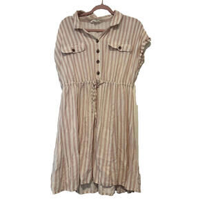 Lucky Brand sz L pink/white stripe cap sleeve collared shirt dress #3270